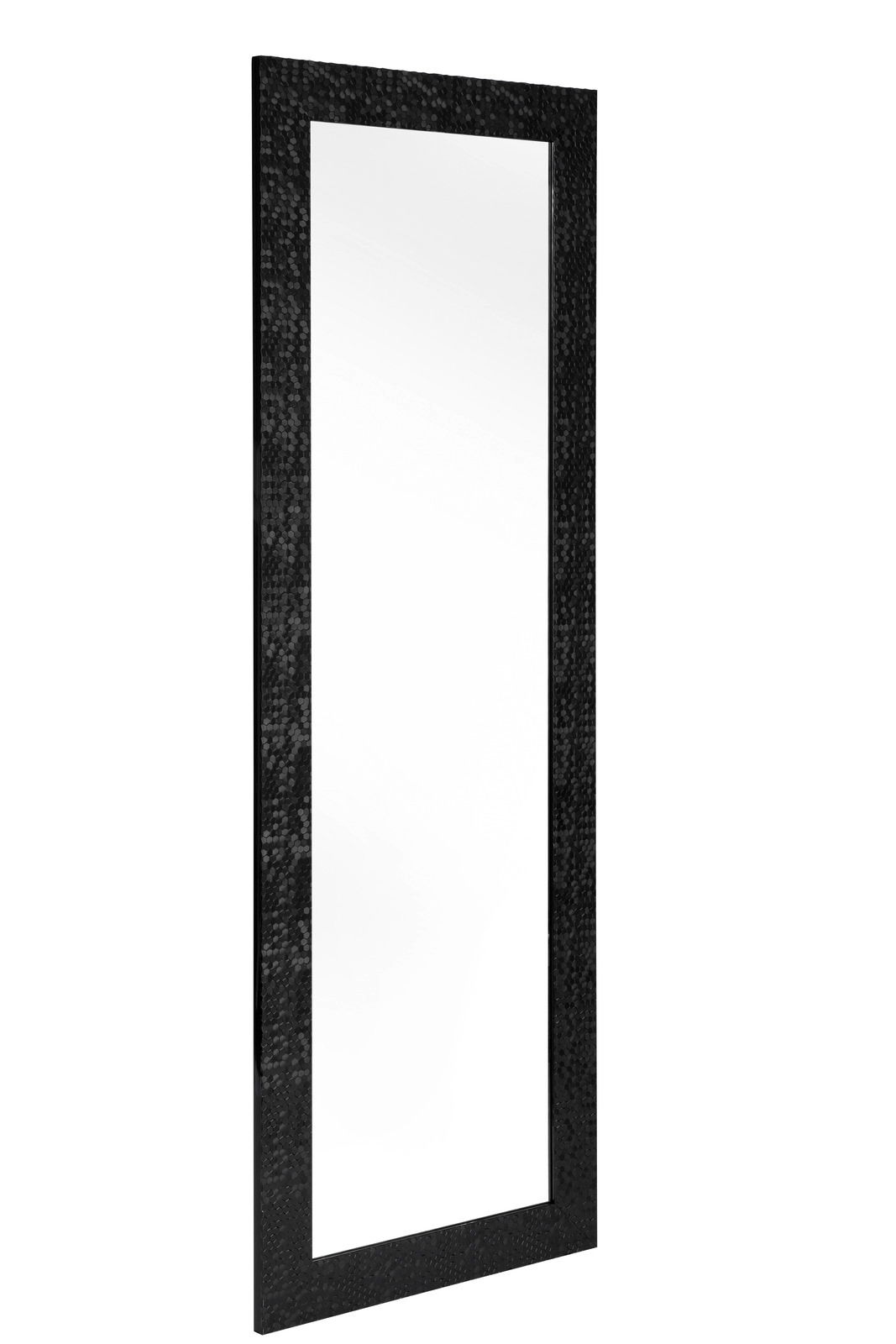 Rechteckiger Spiegel mit schwarzem, strukturiertem Rahmen, seitliche Perspektive