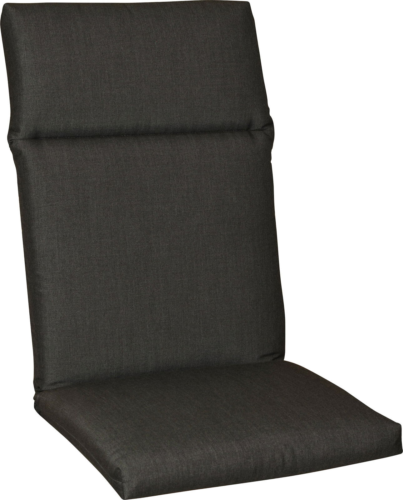 Hochlehnerauflage in dunklem Stoff, seitliche Perspektive