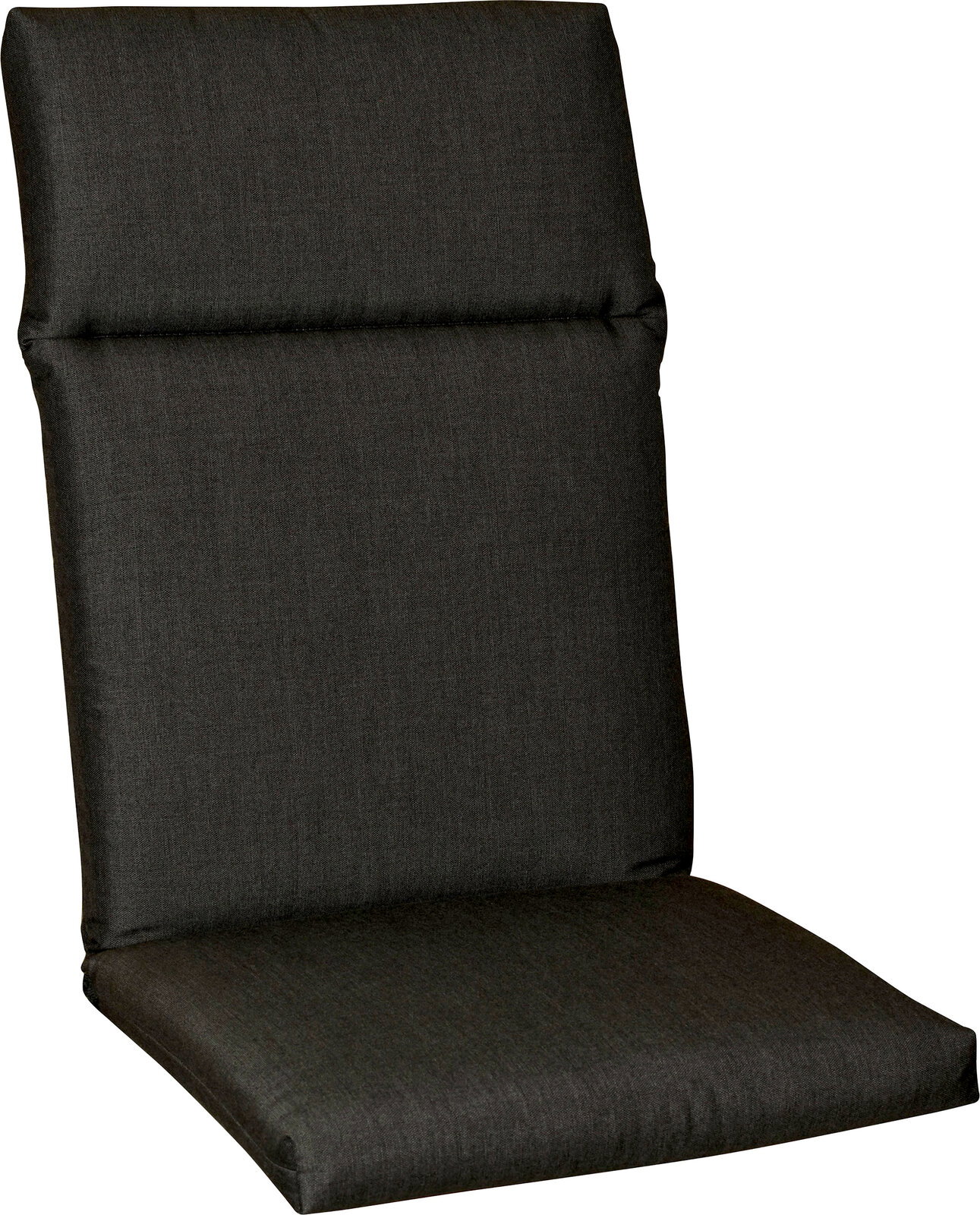 Hochlehnerauflage in dunklem Stoff, seitliche Perspektive