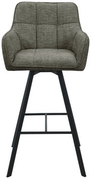 Moderner Barhocker mit gepolsterter Rückenlehne und Sitzfläche in grauem Stoff, schwarzes Metallgestell, Frontalansicht.