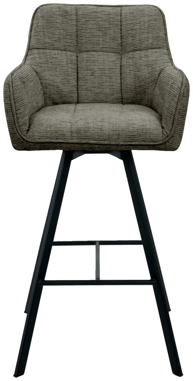 Moderner Barhocker mit gepolsterter Rückenlehne und Sitzfläche in grauem Stoff, schwarzes Metallgestell, Frontalansicht.