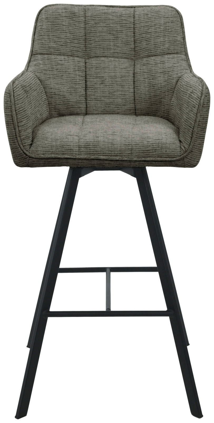 Moderner Barhocker mit gepolsterter Rückenlehne und Sitzfläche in grauem Stoff, schwarzes Metallgestell, Frontalansicht.