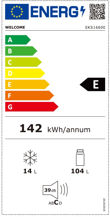 Energieeffizienzklasse E Kühlschrank mit 142 kWh/Jahr Verbrauch, 14 L Gefrierfach, 104 L Kühlfach, 39 dB Lautstärke, Frontalansicht.