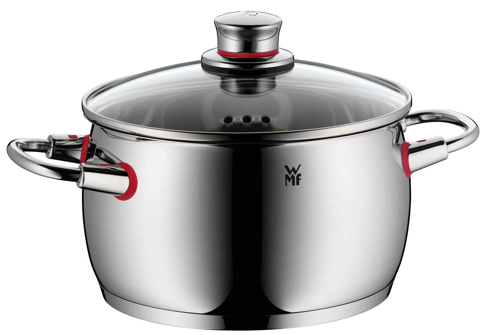 Hochwertiger Edelstahltopf mit Glasdeckel und roten Akzenten, seitliche Perspektive