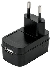 Schwarzes USB-Ladegerät mit Eurostecker, seitliche Perspektive