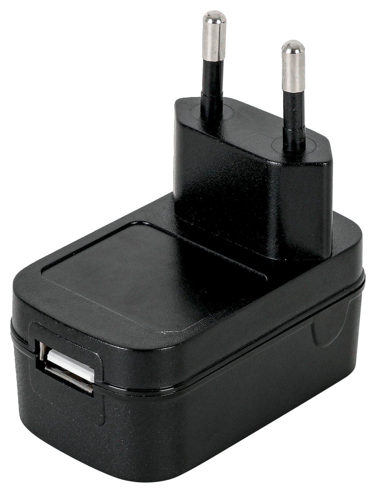 Schwarzes USB-Ladegerät mit Eurostecker, seitliche Perspektive