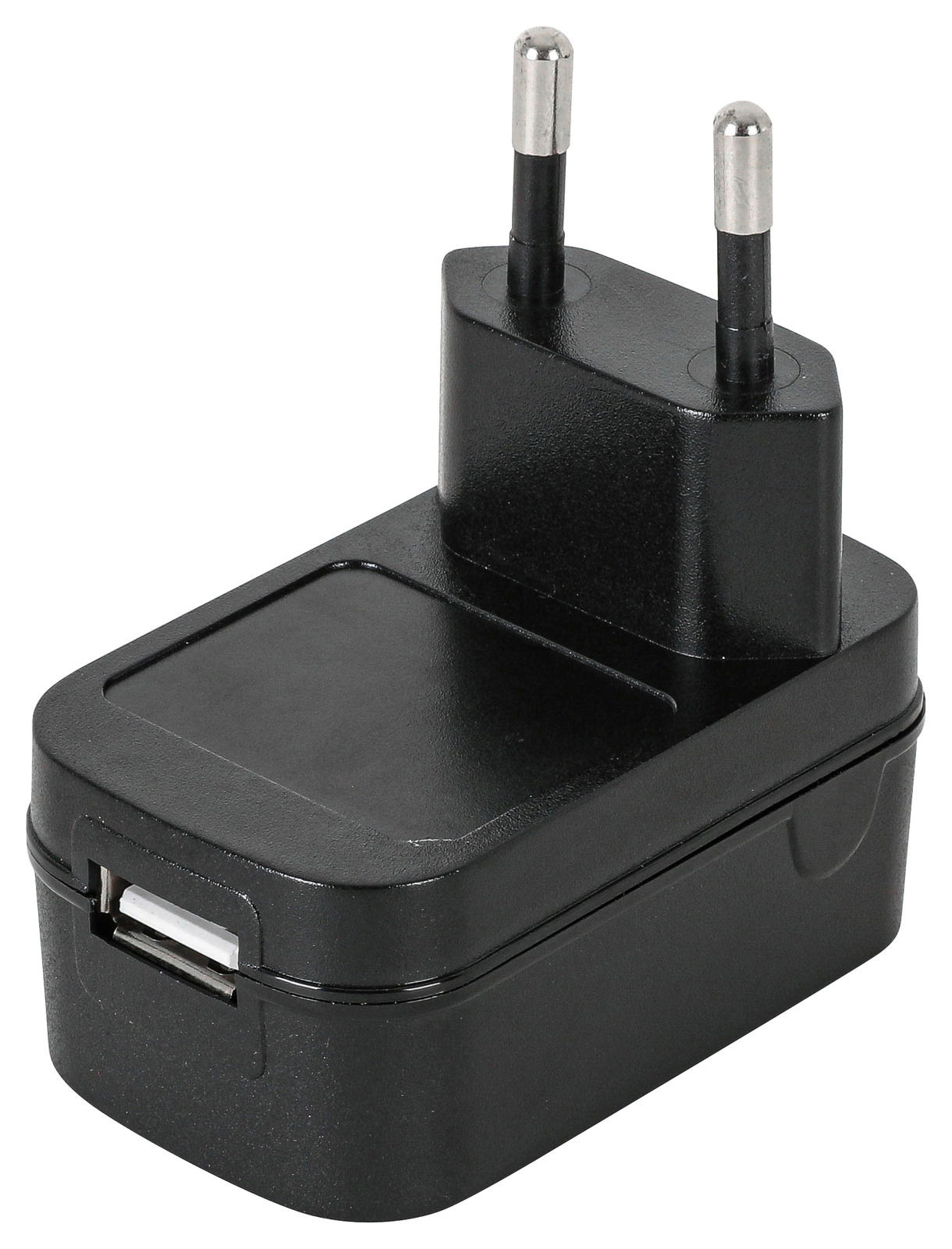 Schwarzes USB-Ladegerät mit Eurostecker, seitliche Perspektive