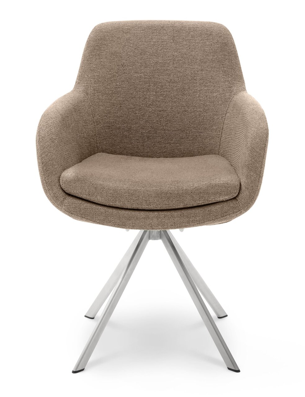Moderner Armlehnstuhl mit braunem Stoffbezug und Metallbeinen, Frontalansicht