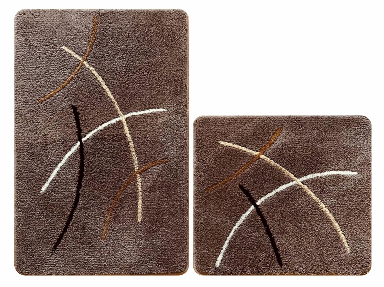 Zweiteiliges Badematten-Set Mikado in Braun mit geschwungenen Linien in verschiedenen Farben, aus der Vogelperspektive fotografiert.