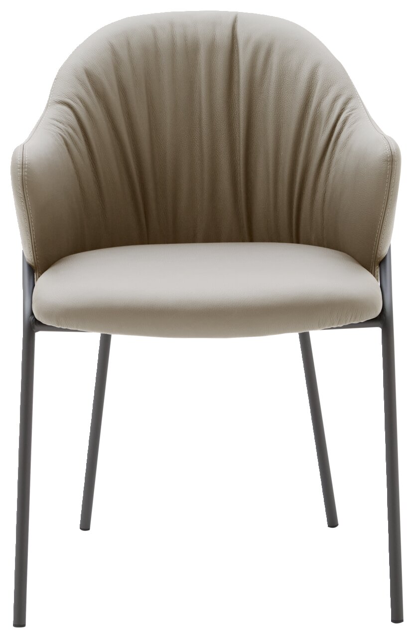 Moderner Armlehnstuhl mit beigem Polster und schwarzem Metallgestell, Frontalansicht