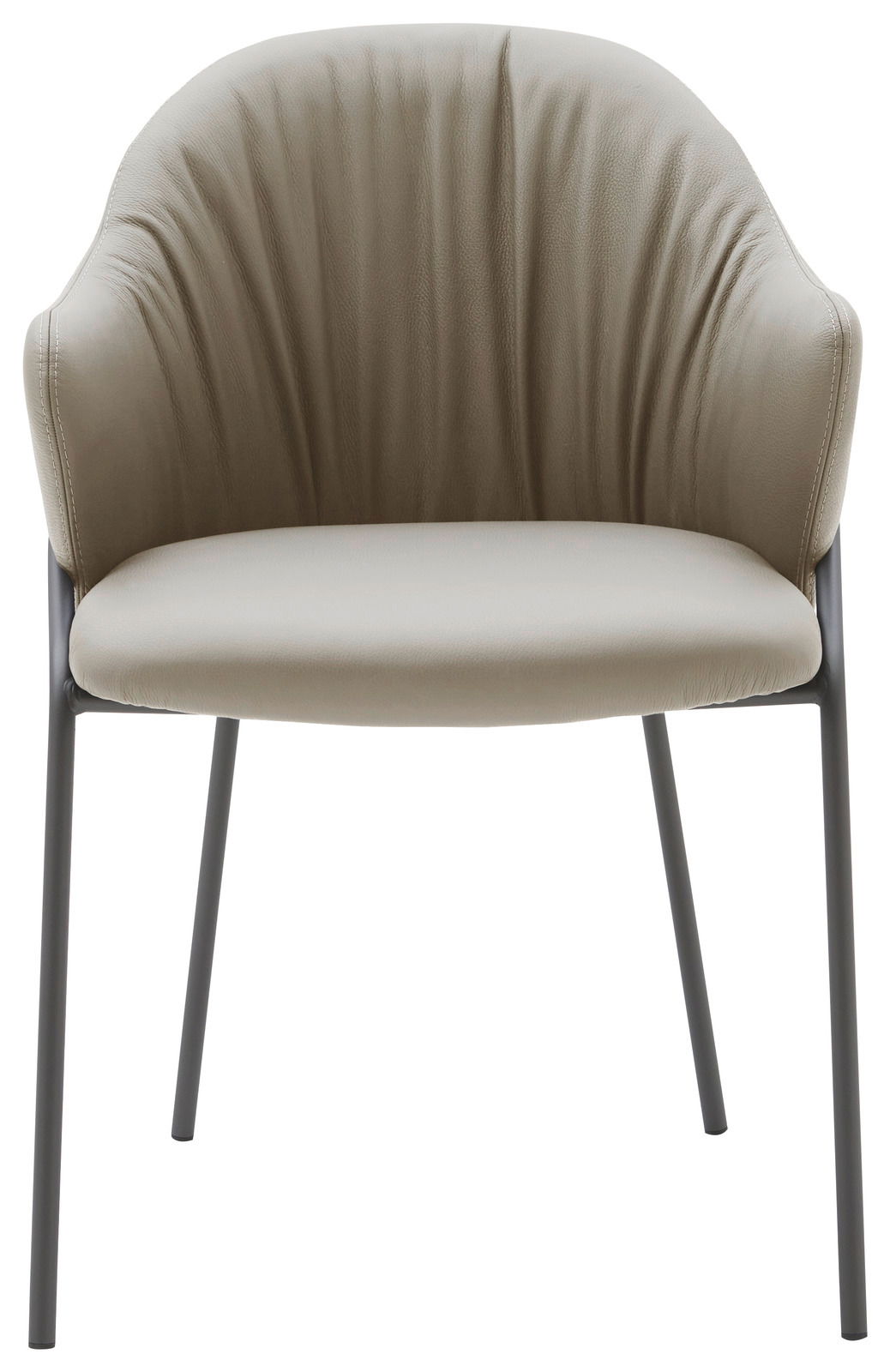 Moderner Armlehnstuhl mit beigem Polster und schwarzem Metallgestell, Frontalansicht
