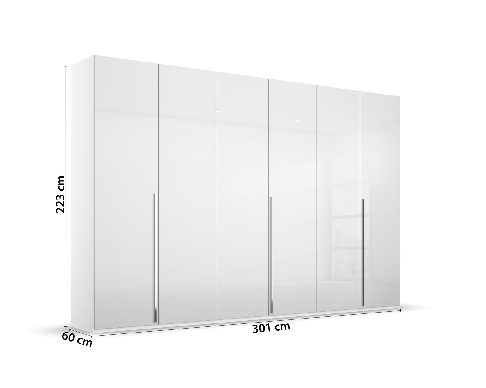 Sechs-türiger Drehtürenschrank in Weiß, frontal abgebildet, mit langen Griffen und Maßen von 223 cm Höhe, 301 cm Breite und 60 cm Tiefe.