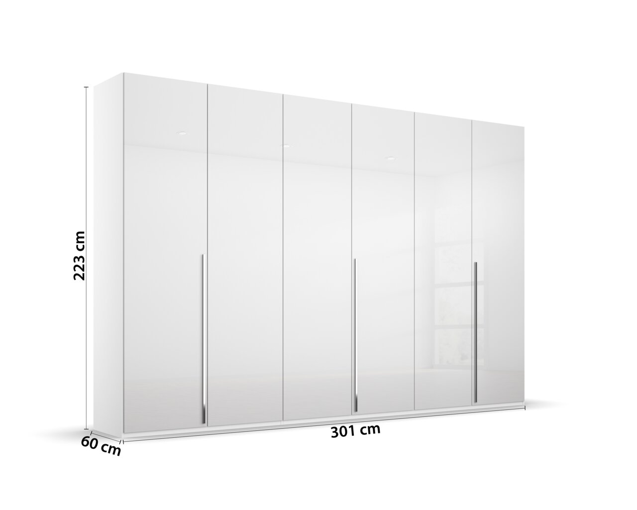 Zesdeurs kast met draaideuren in wit, hier afgebeeld in vooraanzicht, met lange handgrepen en afmetingen van 223 cm hoog, 301 cm breed en 60 cm diep.