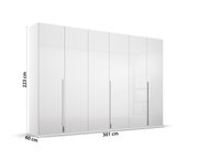 Zesdeurs kast met draaideuren in wit, hier afgebeeld in vooraanzicht, met lange handgrepen en afmetingen van 223 cm hoog, 301 cm breed en 60 cm diep.
