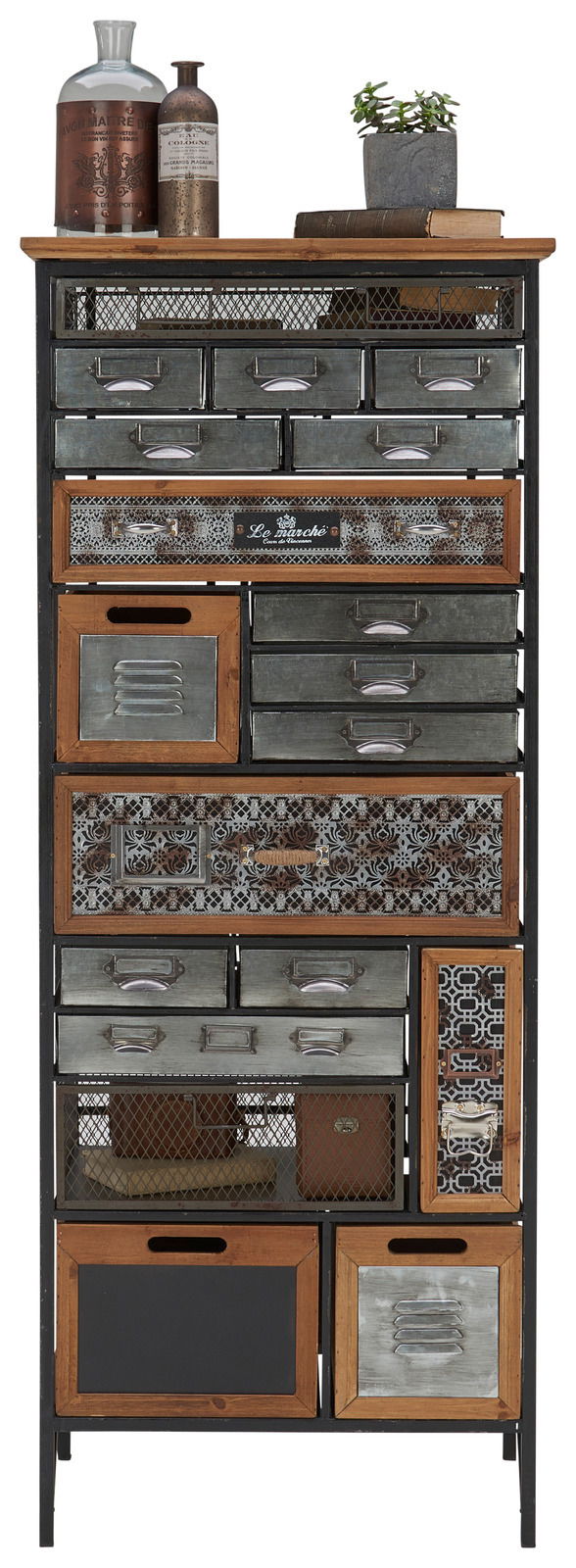 Hochkommode im industriellen Stil mit verschiedenen Schubladen und Fächern, frontal abgebildet.