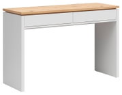 Weißer Schminktisch/Schreibtisch mit zwei Schubladen und naturfarbener Holzplatte, freigestellt, Ansicht schräg von vorne links