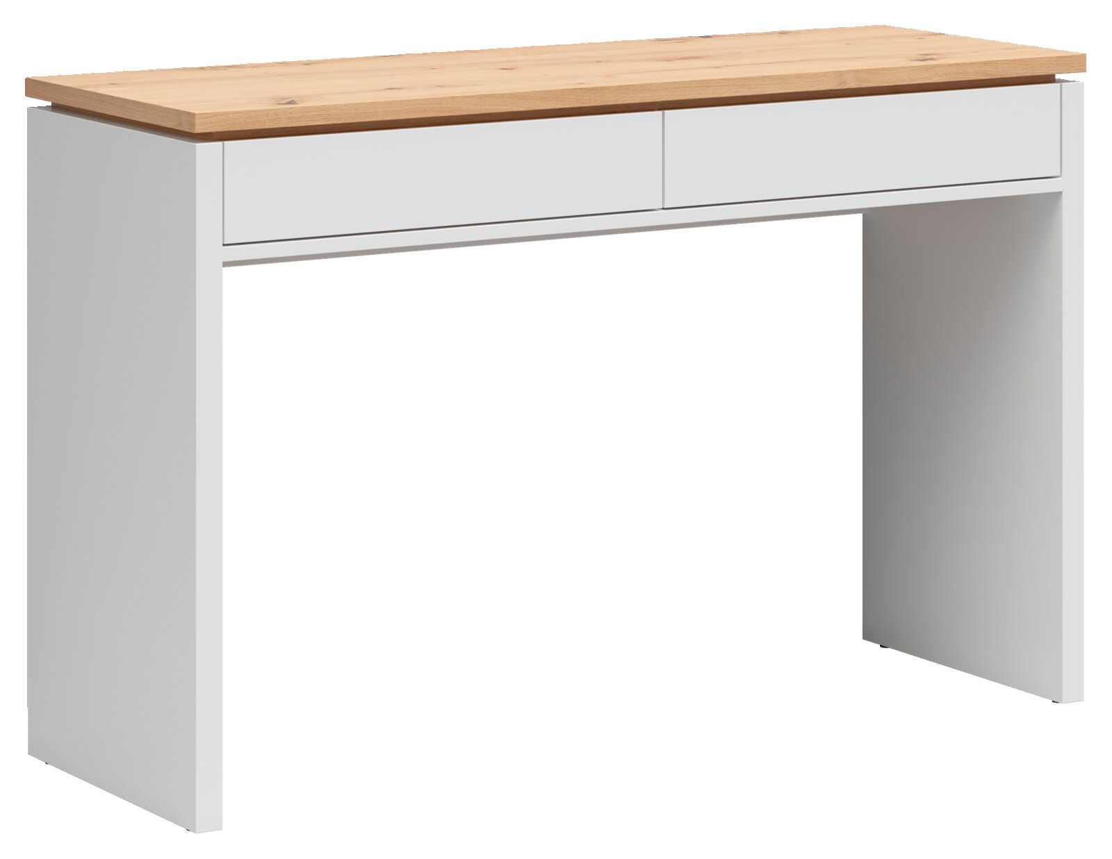 Weißer Schminktisch/Schreibtisch mit zwei Schubladen und naturfarbener Holzplatte, freigestellt, Ansicht schräg von vorne links