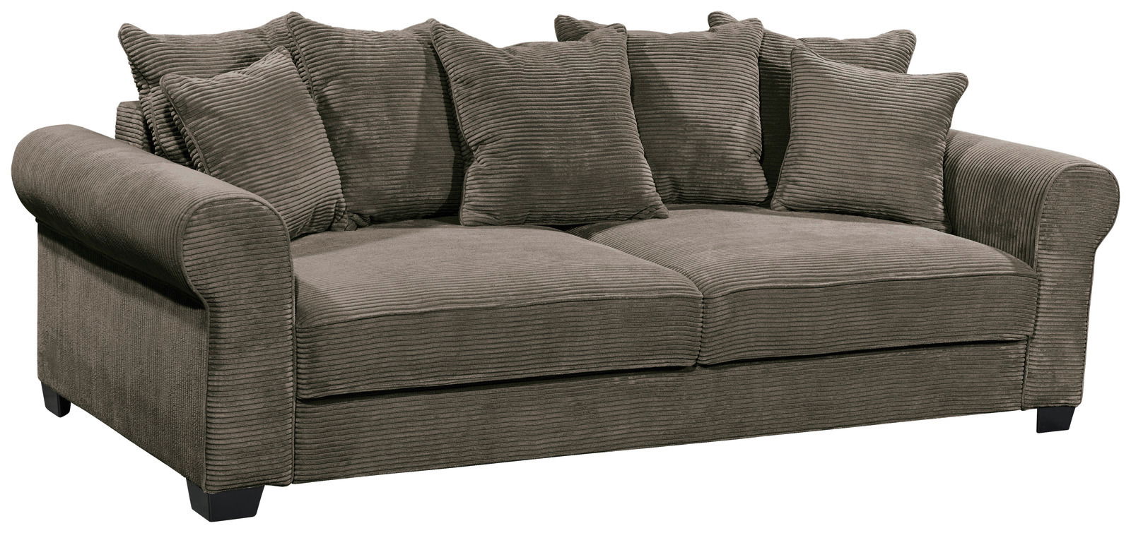 Hom´in Big Sofa MAUREEN Bequemes Funktionssofa in braunem Cordstoff mit mehreren Kissen, seitliche Perspektive