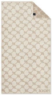 Beige douchehanddoek met elegant patroon en JOOP!-logo, bovenaanzicht