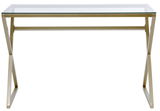 Moderner Schreibtisch mit Glasplatte und goldfarbenem Metallgestell, frontal betrachtet.