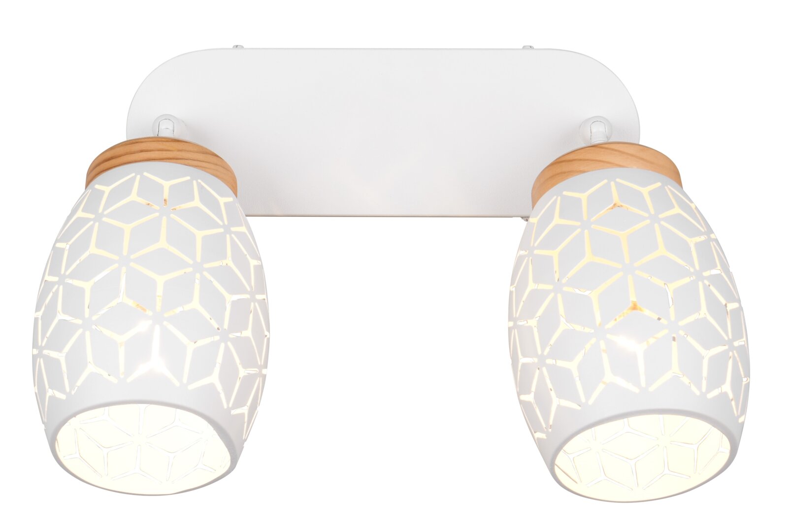 Tweelampige spot met een witte kap met geometrisch patroon en houten details, gezien van voren
