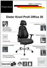 Drehstuhl mit atmungsaktiver Netzrückenlehne, verstellbarer Kopfstütze und Armlehnen, Federkernsitz, höhenverstellbar, Aluminium-Fußkreuz mit Teppichbodenrollen, Frontalansicht.