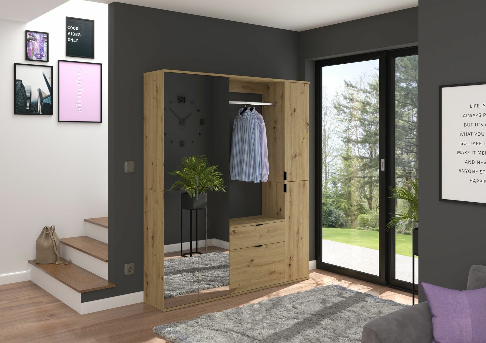 Moderne Kommode aus Holz mit Spiegel, offene Perspektive im Wohnzimmer, zeigt hängendes Hemd und Pflanze.