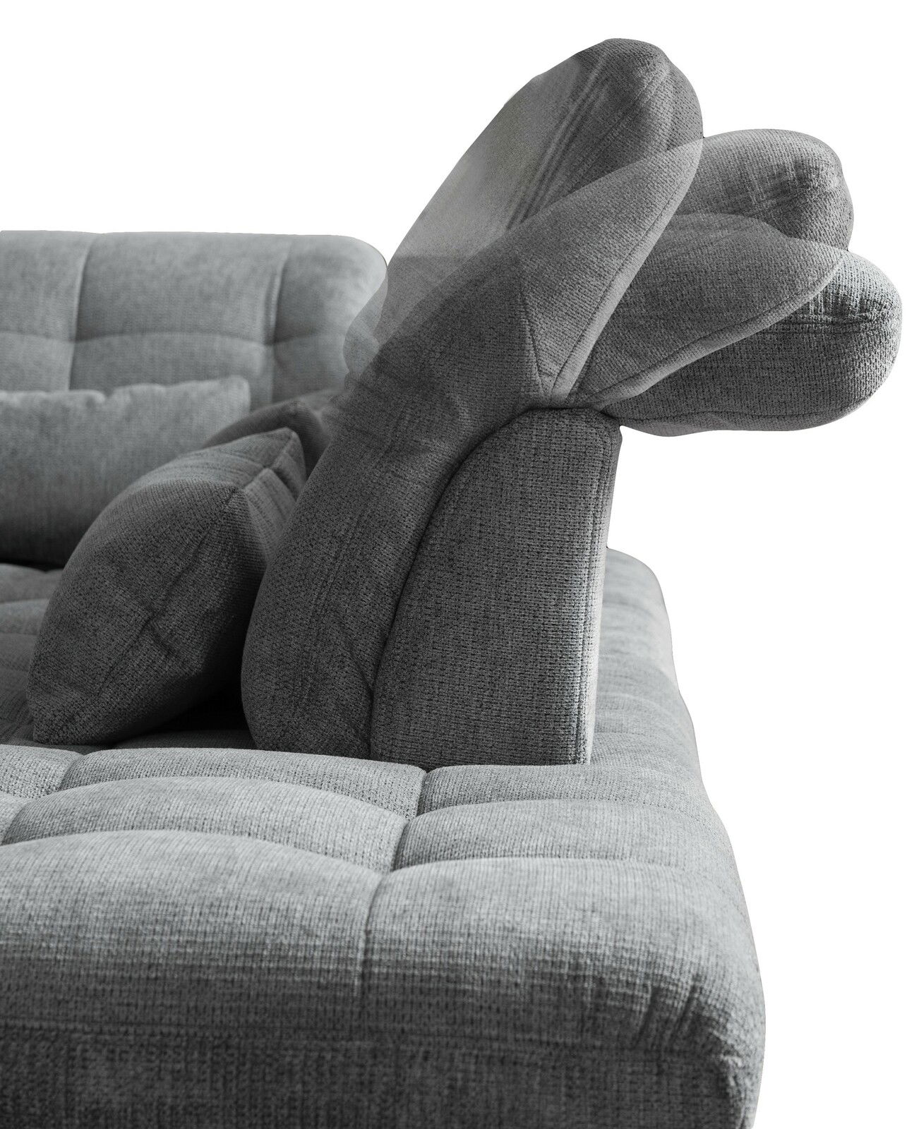 Graues Sofa mit verstellbarer Rückenlehne, seitliche Perspektive