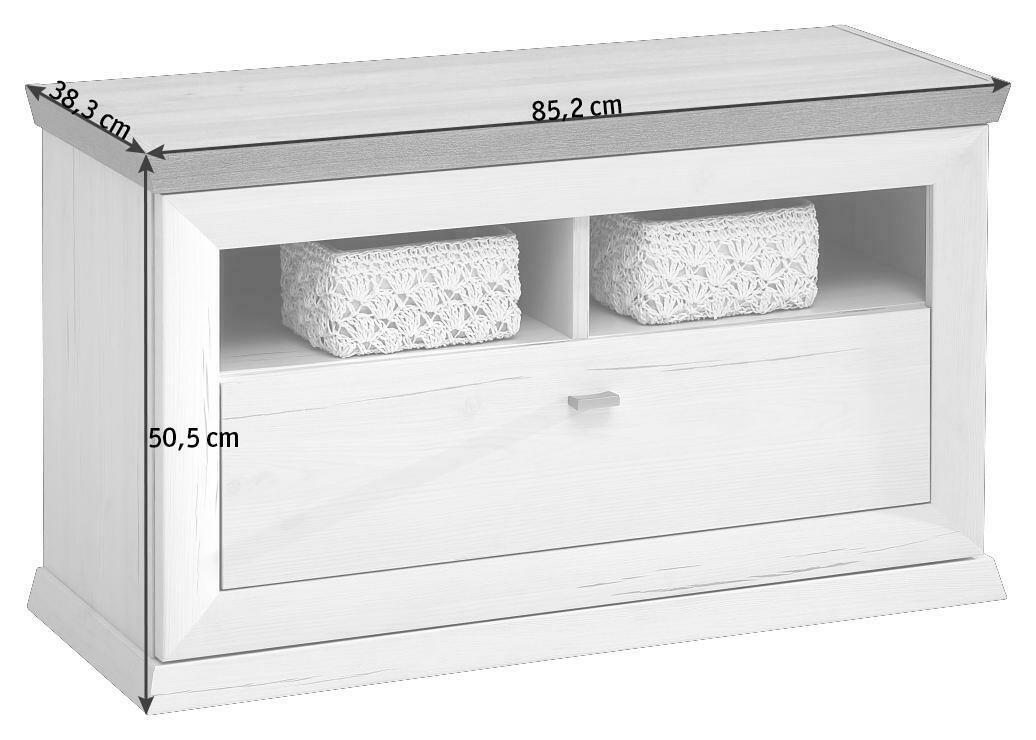 Weiße Bank mit zwei offenen Fächern und einer Schublade, Ansicht von vorne. Maße: 85,2 cm Breite, 38,3 cm Tiefe, 50,5 cm Höhe.