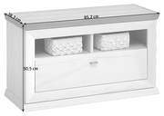 Weiße Bank mit zwei offenen Fächern und einer Schublade, Ansicht von vorne. Maße: 85,2 cm Breite, 38,3 cm Tiefe, 50,5 cm Höhe.