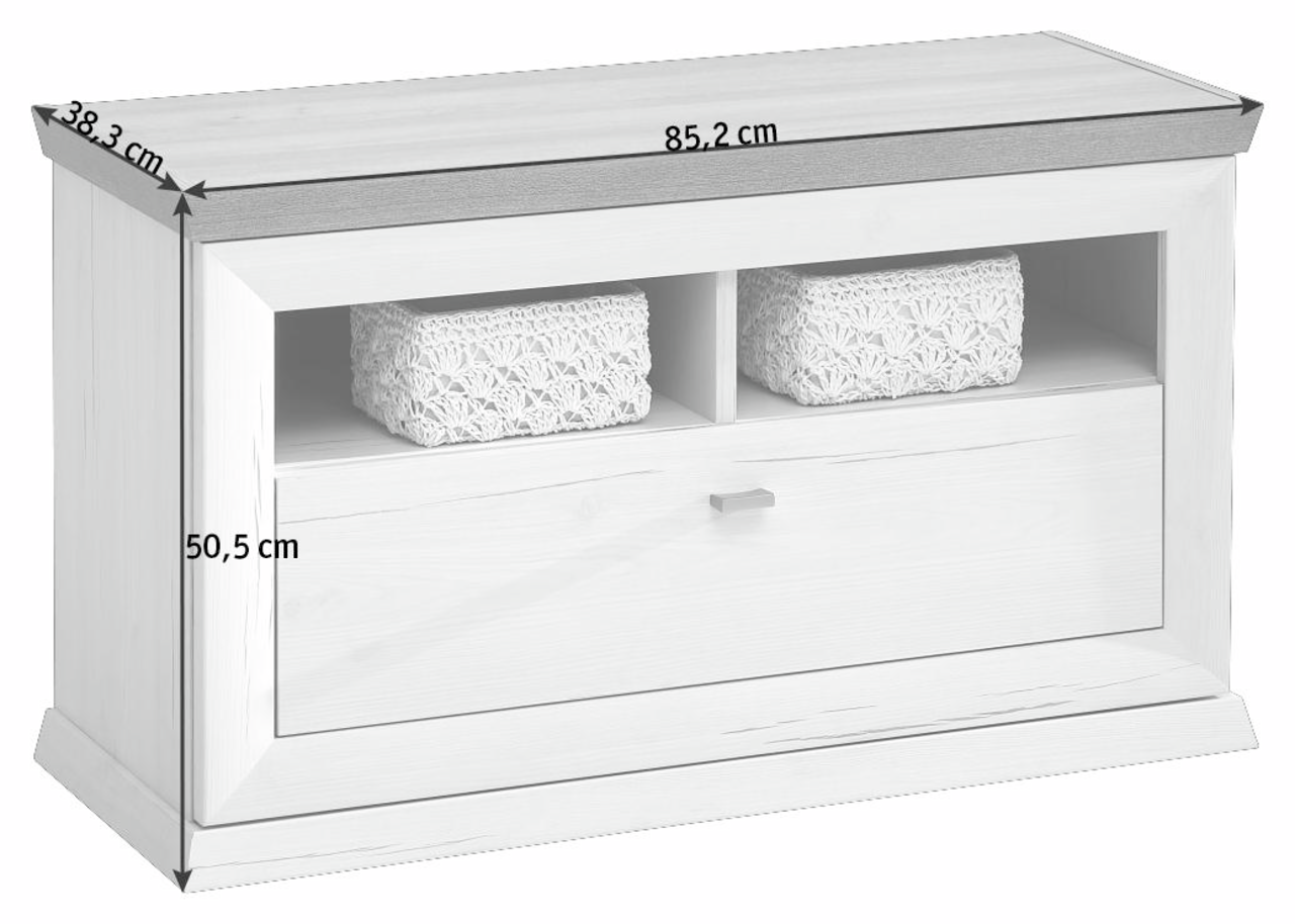 Weiße Bank mit zwei offenen Fächern und einer Schublade, Ansicht von vorne. Maße: 85,2 cm Breite, 38,3 cm Tiefe, 50,5 cm Höhe.