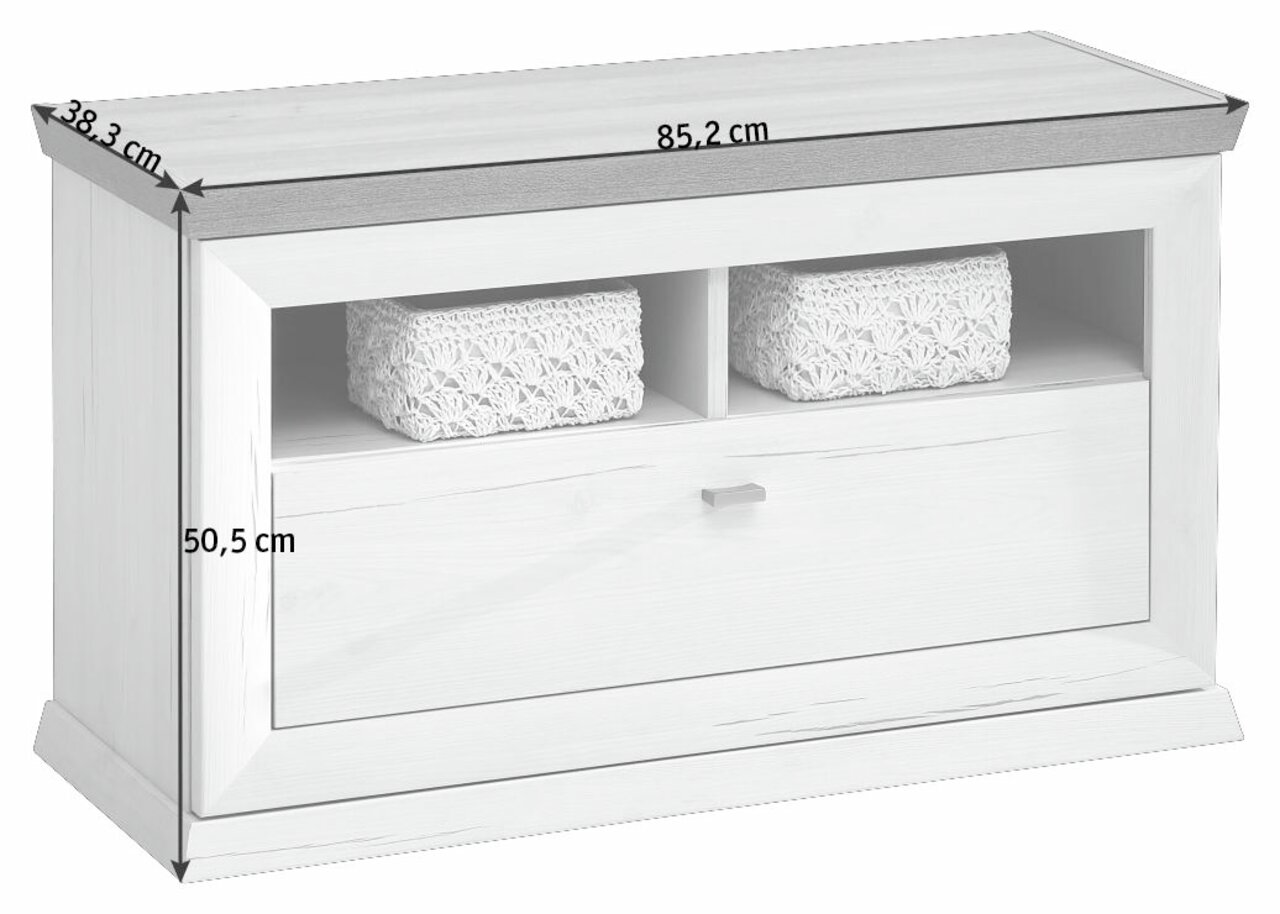 Weiße Bank mit zwei offenen Fächern und einer Schublade, Ansicht von vorne. Maße: 85,2 cm Breite, 38,3 cm Tiefe, 50,5 cm Höhe.