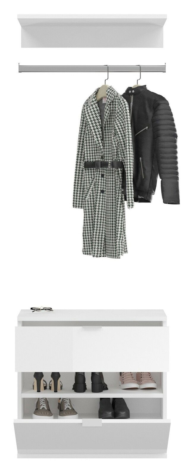 Frontale Ansicht einer weißen Garderobenkombination mit Kleiderstange, auf der Mäntel hängen, und einem Schuhschrank mit mehreren Paar Schuhen.