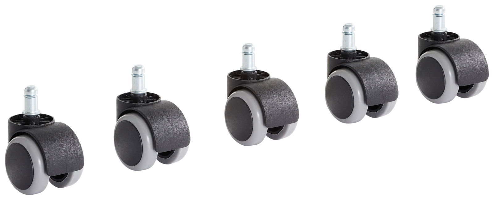 Fünf schwarze und graue Rollen in einer diagonalen Anordnung, seitliche Perspektive