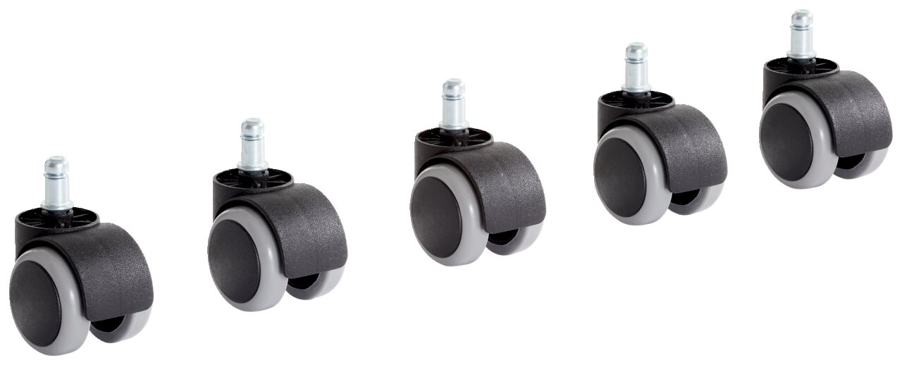 Fünf schwarze und graue Rollen in einer diagonalen Anordnung, seitliche Perspektive