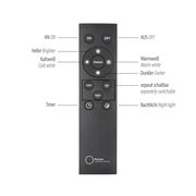 Fernbedienung für LED-Pendelleuchte mit Tasten für An/Aus, Helligkeit, Farbtemperatur und Timer, frontal abgebildet.