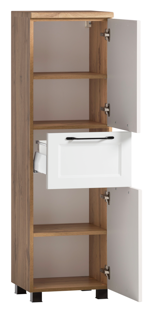 Midischrank aus Holz mit zwei offenen Türen und einer Schublade, Frontalansicht