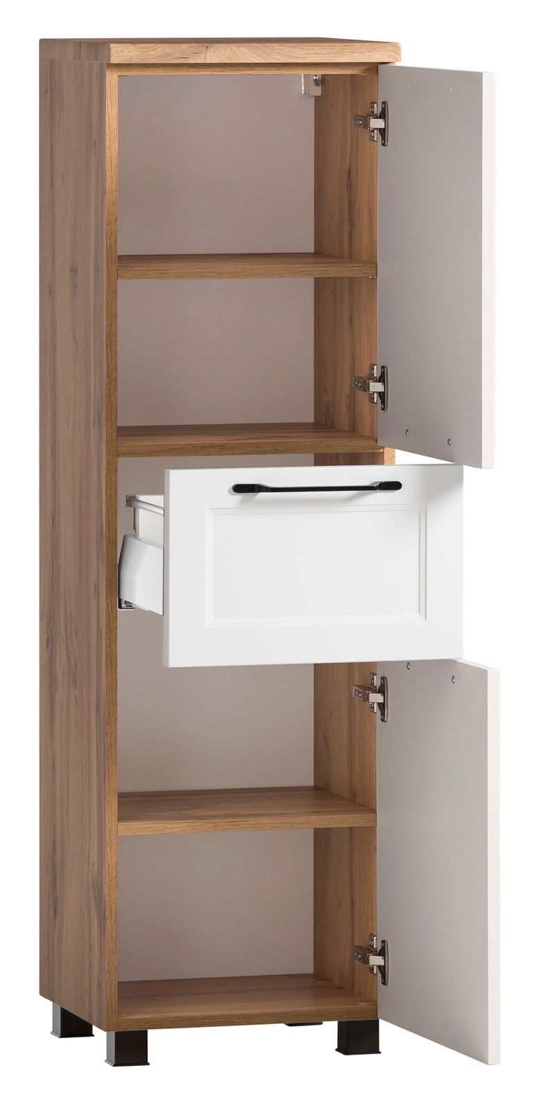 Midischrank aus Holz mit zwei offenen Türen und einer Schublade, Frontalansicht