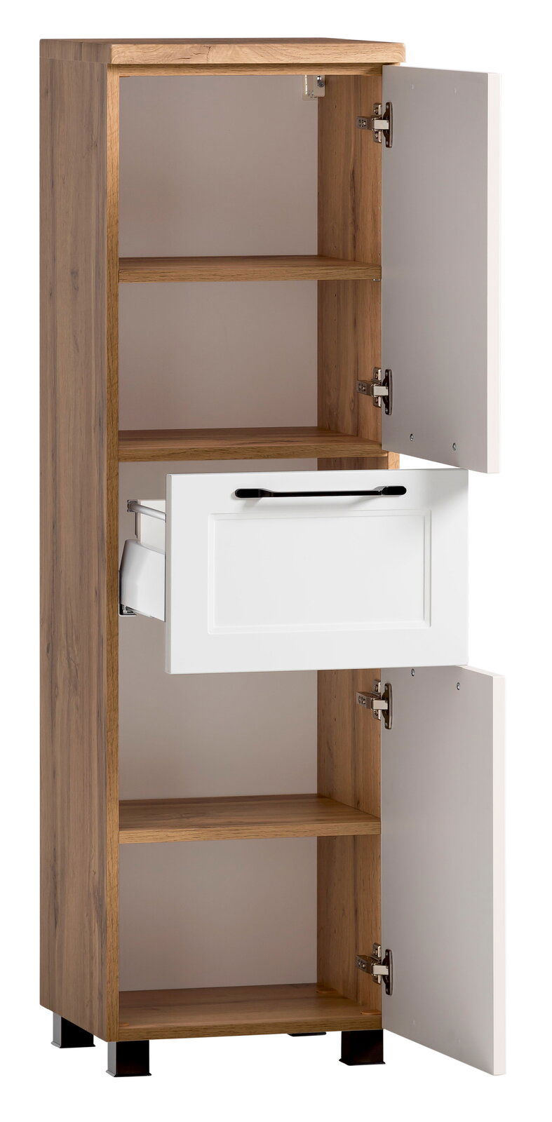 Midischrank aus Holz mit zwei offenen Türen und einer Schublade, Frontalansicht