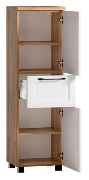 Midischrank aus Holz mit zwei offenen Türen und einer Schublade, Frontalansicht