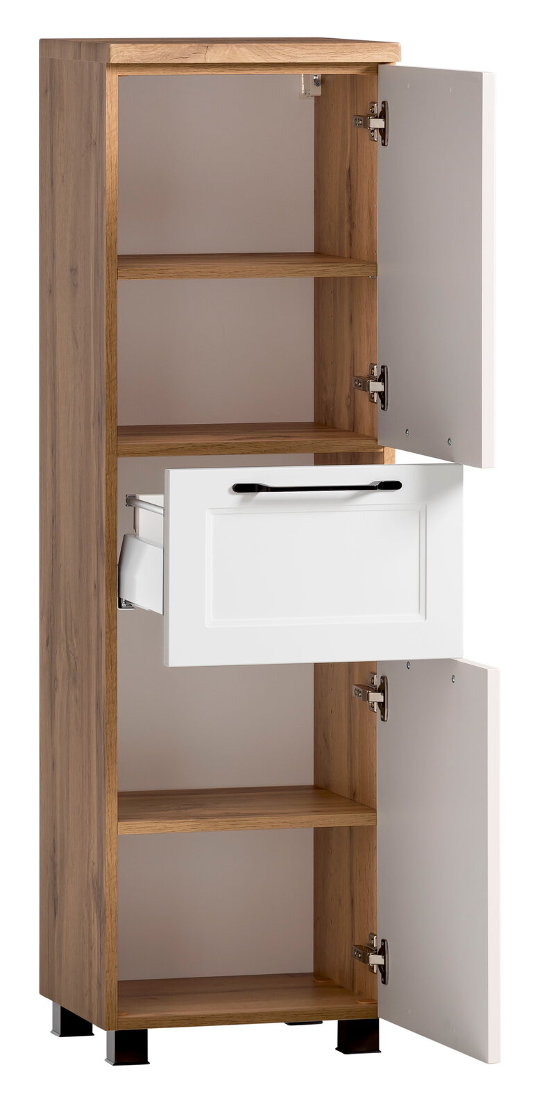 Midischrank aus Holz mit zwei offenen Türen und einer Schublade, Frontalansicht