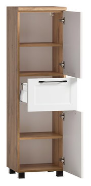 Midischrank aus Holz mit zwei offenen Türen und einer Schublade, Frontalansicht