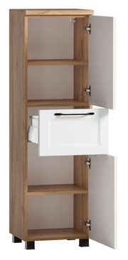 Midischrank aus Holz mit zwei offenen Türen und einer Schublade, Frontalansicht