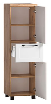 Midischrank aus Holz mit zwei offenen Türen und einer Schublade, Frontalansicht