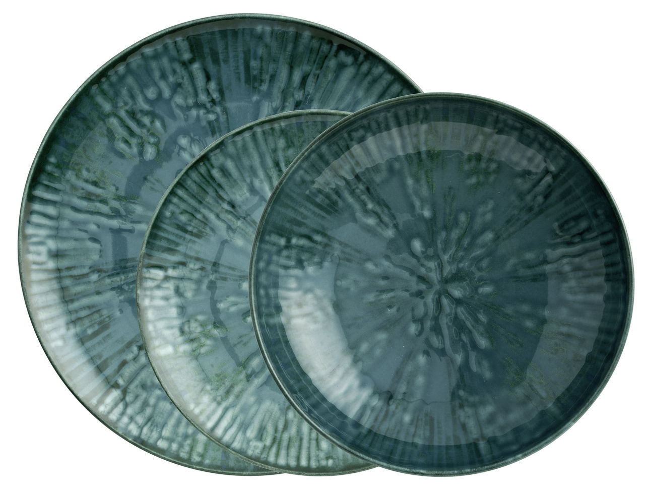 Draufsicht auf drei überlappende Teller aus dem Tellerset Fusion Blue mit einem einzigartigen blauen Muster.