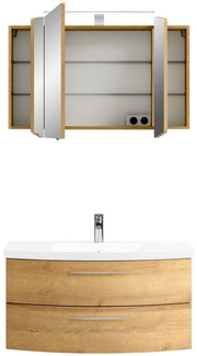 Badezimmerschrank-Kombination aus Holz mit Spiegel und Waschbecken, Frontalansicht