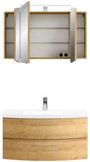 Badezimmerschrank-Kombination aus Holz mit Spiegel und Waschbecken, Frontalansicht