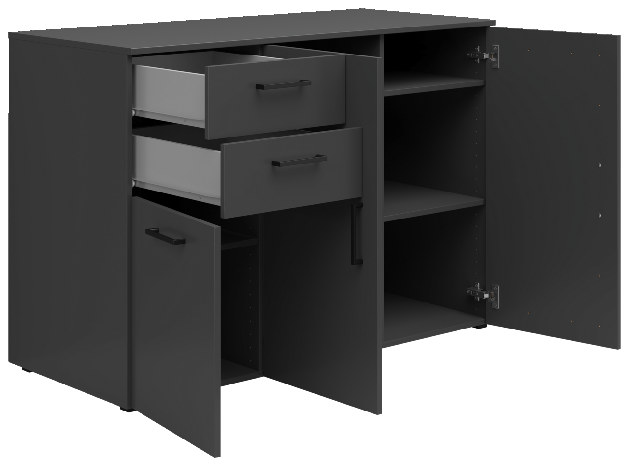 Schwarze Kommode mit zwei offenen Schubladen und zwei offenen Türen, seitliche Perspektive