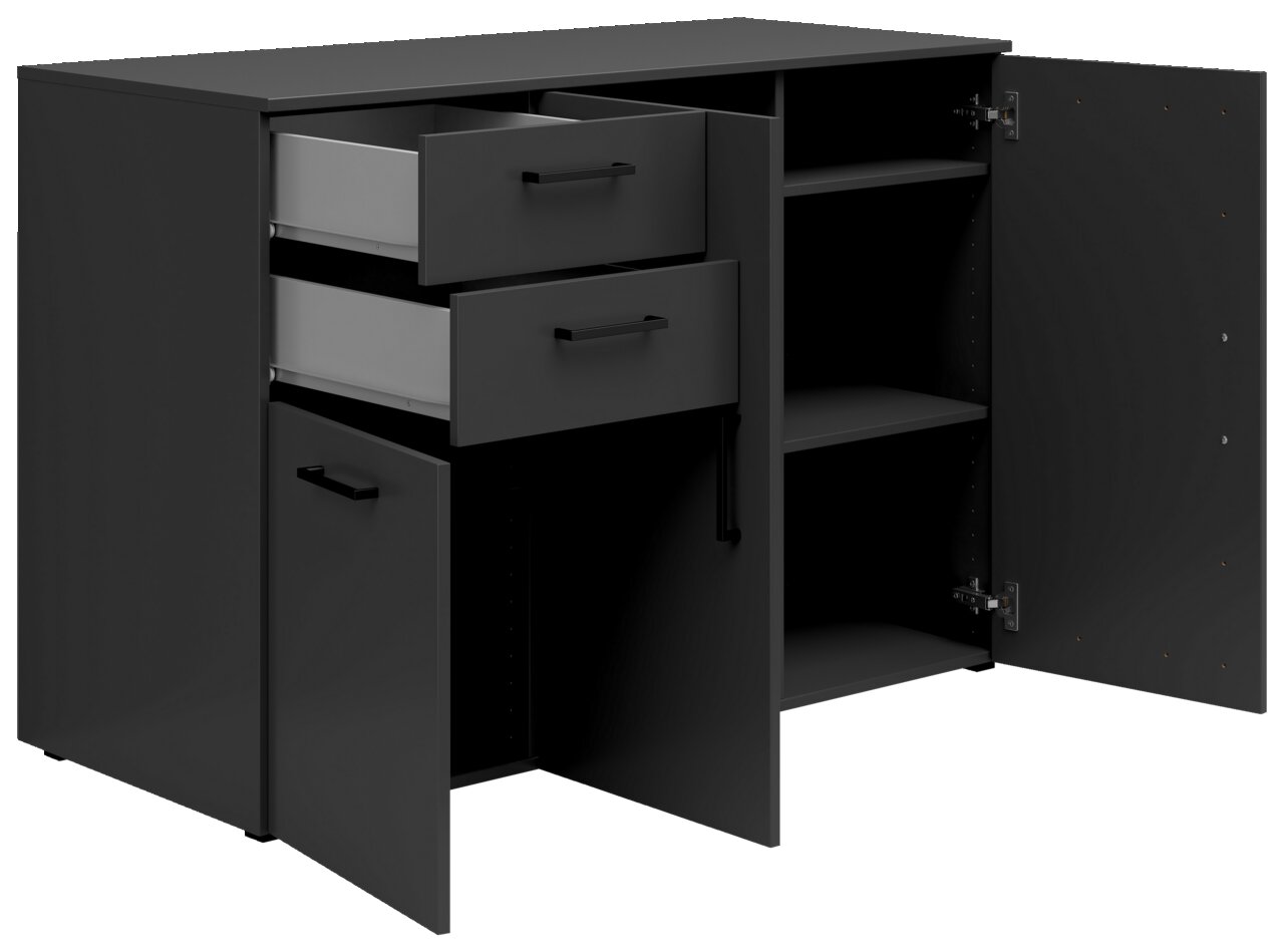 Schwarze Kommode mit zwei offenen Schubladen und zwei offenen Türen, seitliche Perspektive