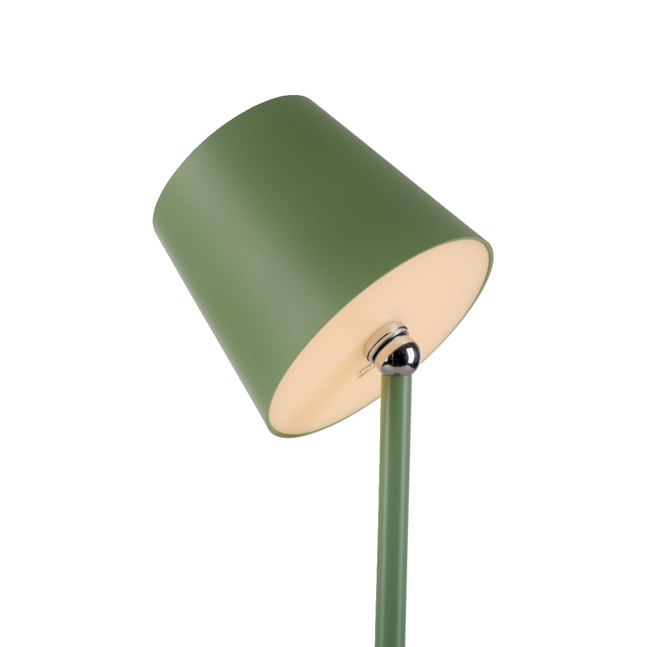 Grüne Akku-Tischleuchte BOTERIA, seitliche Perspektive, mit schrägem Lampenschirm und modernem Design.